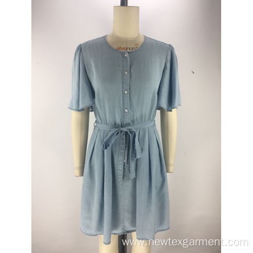 round neck womens blue tencel denim dress